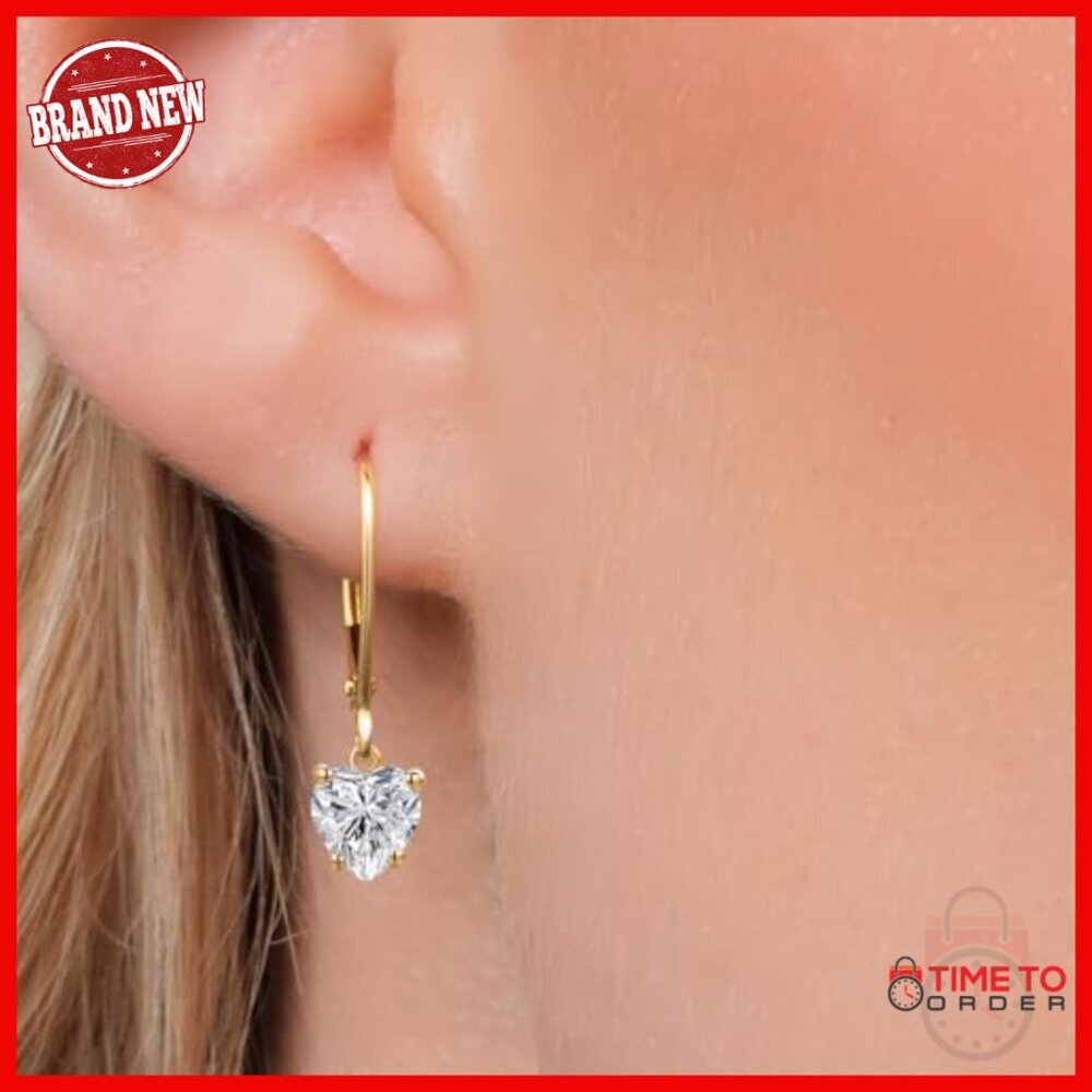 14K Yellow Gold Heart Leverback Dangle Earrings with Gemstone Birthstone - Picture 3 of 6